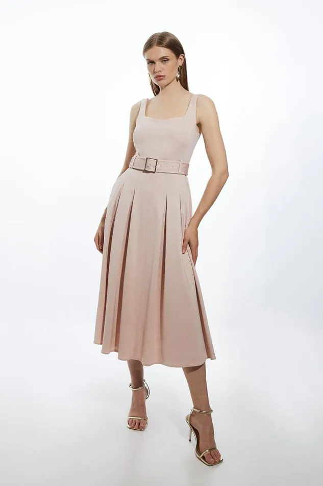 Dresses Women Karen Millen Italian Structured Rib Tailored Square Neck Belted Midi Dress Champagne