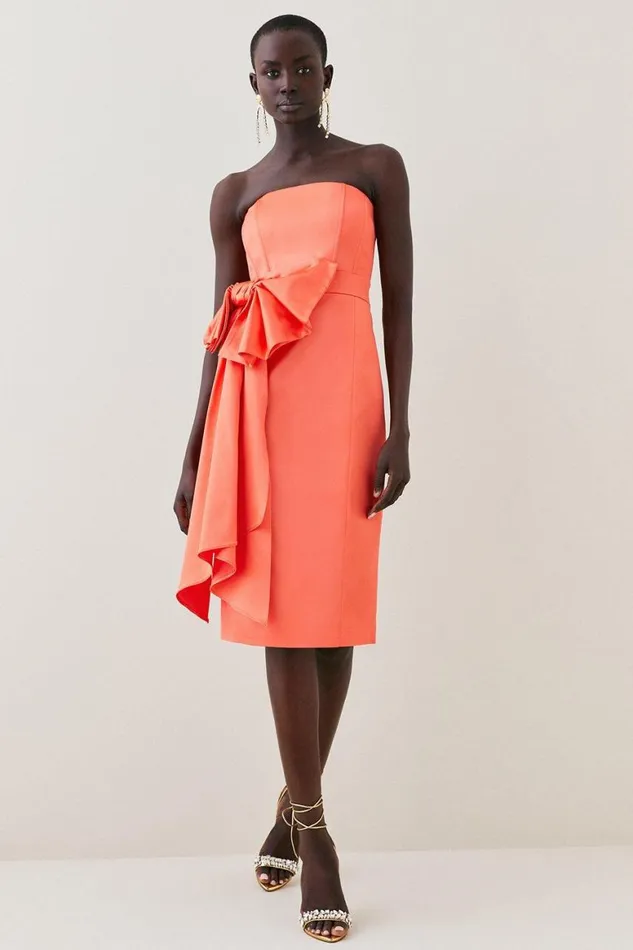 Dresses Women Karen Millen Italian Structured Satin Bandeau Bow Detail Pencil Midi Dress Coral Pink