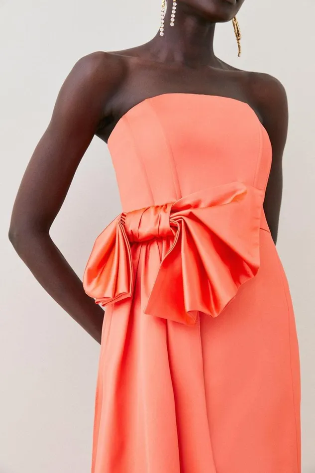 Dresses Women Karen Millen Italian Structured Satin Bandeau Bow Detail Pencil Midi Dress Coral Pink