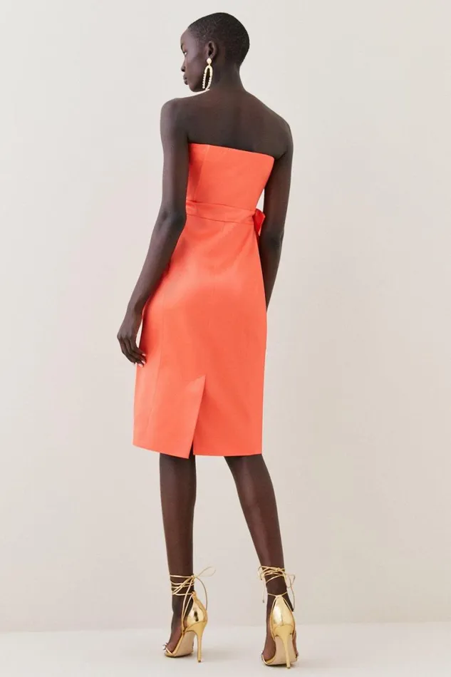 Dresses Women Karen Millen Italian Structured Satin Bandeau Bow Detail Pencil Midi Dress Coral Pink