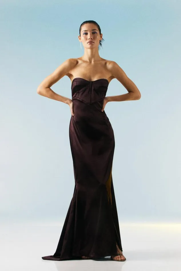 Dresses Women Karen Millen Italian Structured Satin Bandeau Maxi Dress Chocolate Dresses Women Karen Millen Italian Structured Satin Bandeau Maxi Dress Chocolate