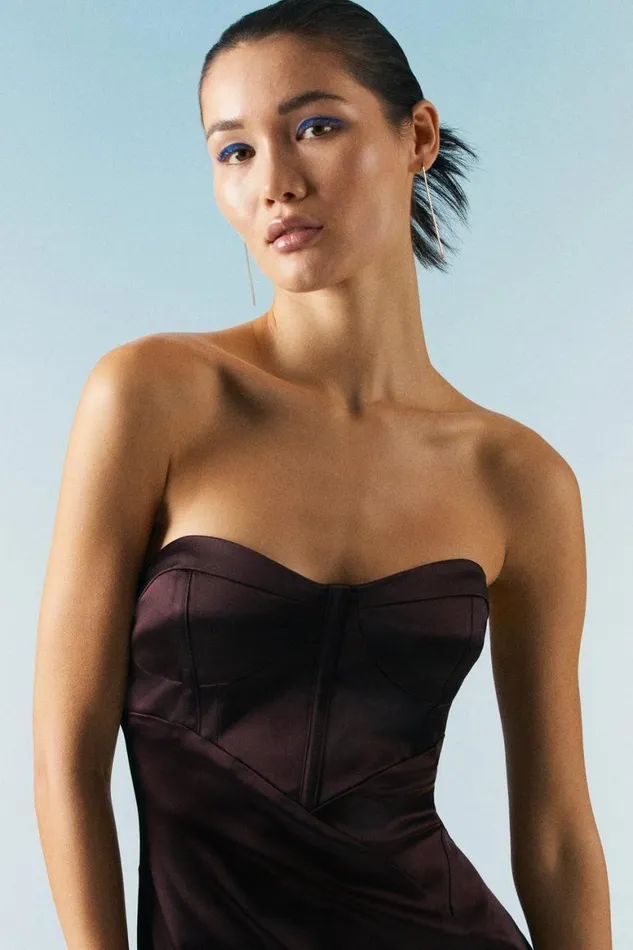 Dresses Women Karen Millen Italian Structured Satin Bandeau Maxi Dress Chocolate