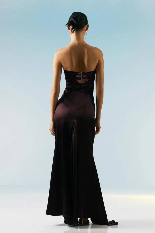 Dresses Women Karen Millen Italian Structured Satin Bandeau Maxi Dress Chocolate