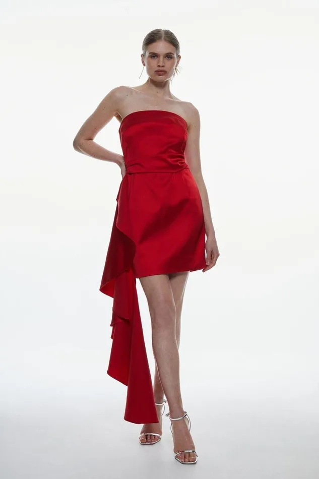 Dresses Women Karen Millen Italian Structured Satin Ruffle Drape Bandeau Mini Dress Red
