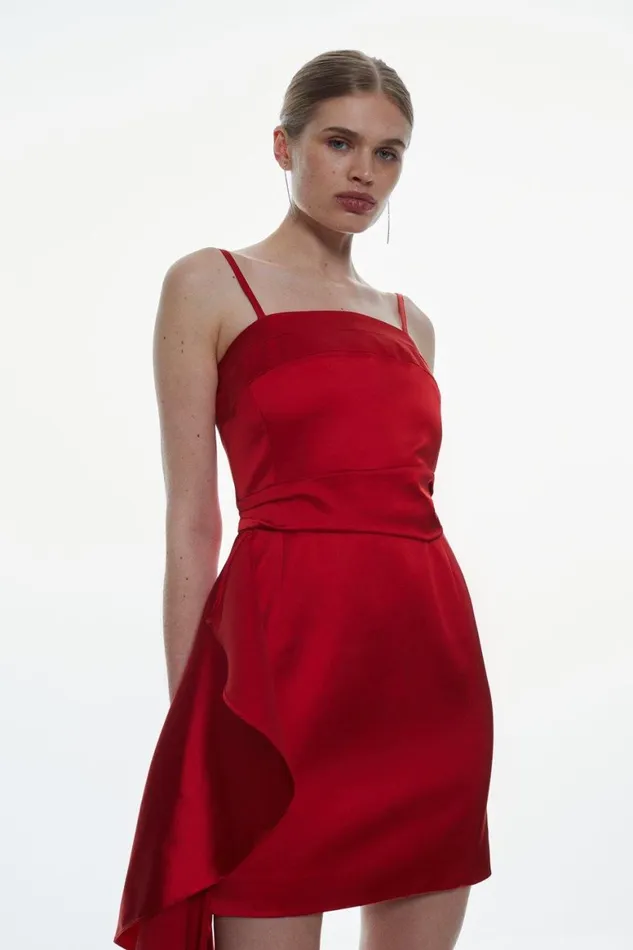 Dresses Women Karen Millen Italian Structured Satin Ruffle Drape Bandeau Mini Dress Red