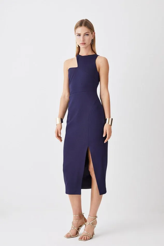 Dresses Women Karen Millen Italian Structured Stretch Asymmetric Neck Line Midi Dress Navy