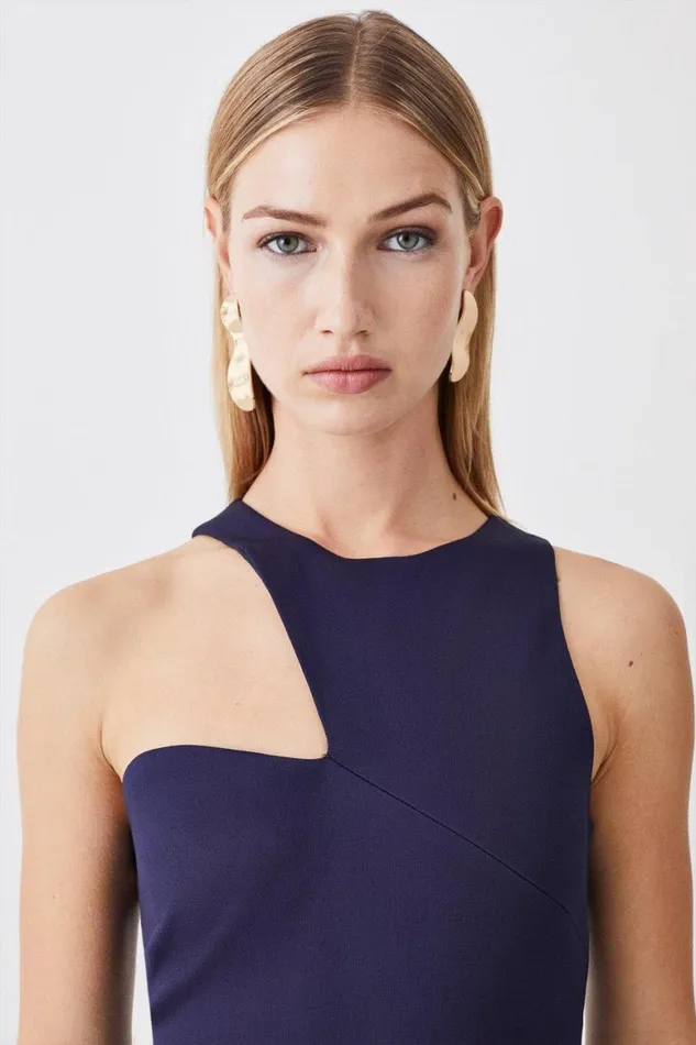 Dresses Women Karen Millen Italian Structured Stretch Asymmetric Neck Line Midi Dress Navy