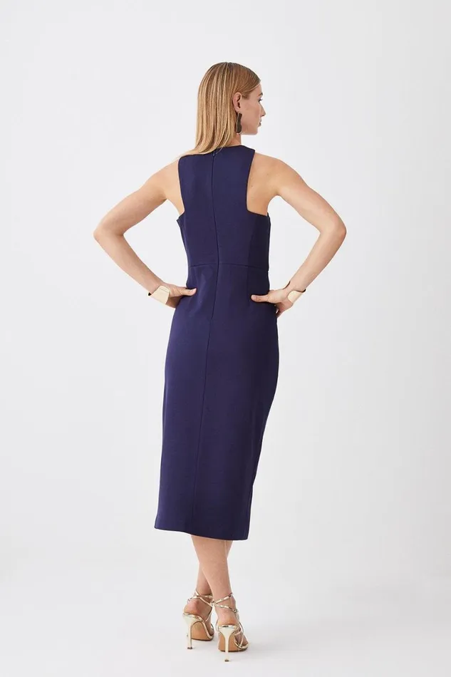 Dresses Women Karen Millen Italian Structured Stretch Asymmetric Neck Line Midi Dress Navy