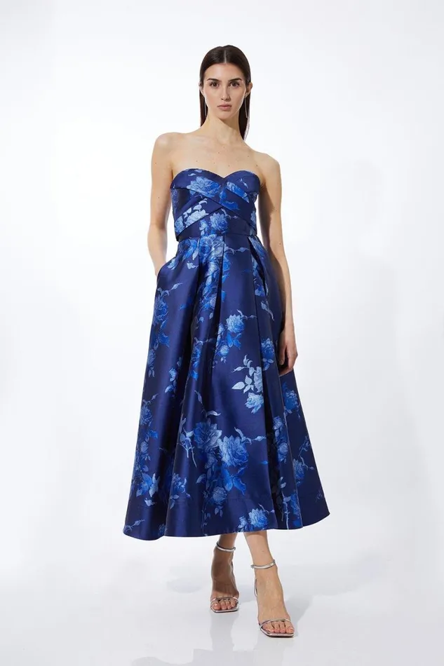 Dresses Women Karen Millen Jacquard Strapless Front Split Maxi Dress Blue