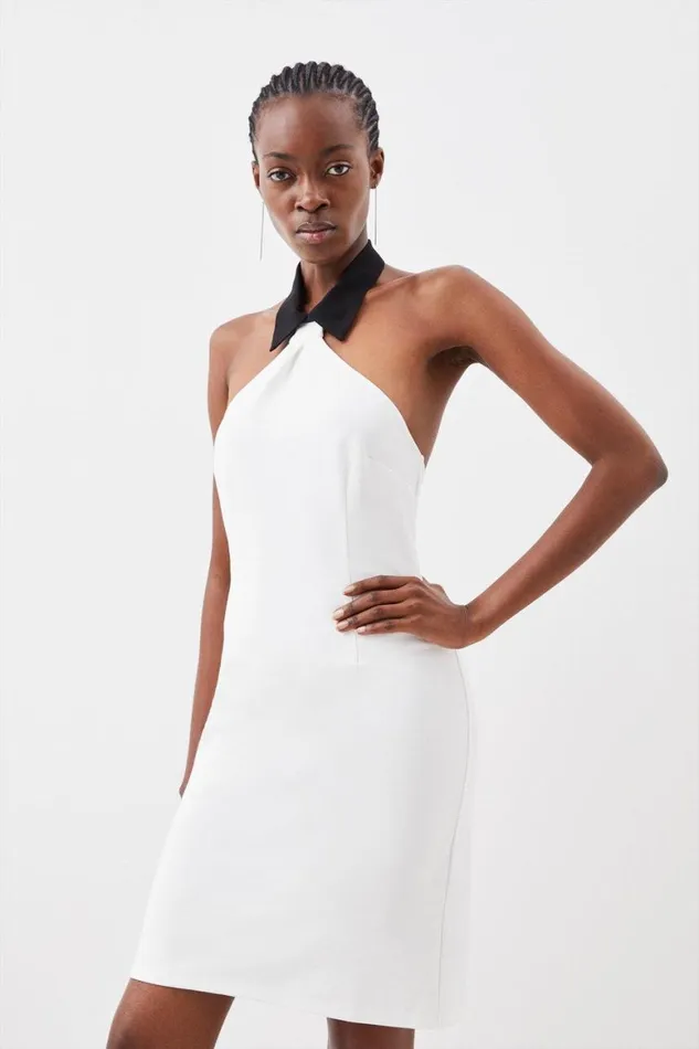Dresses Women Karen Millen Jersey Ponte Tie Collar Detail Mini Dress Ivory