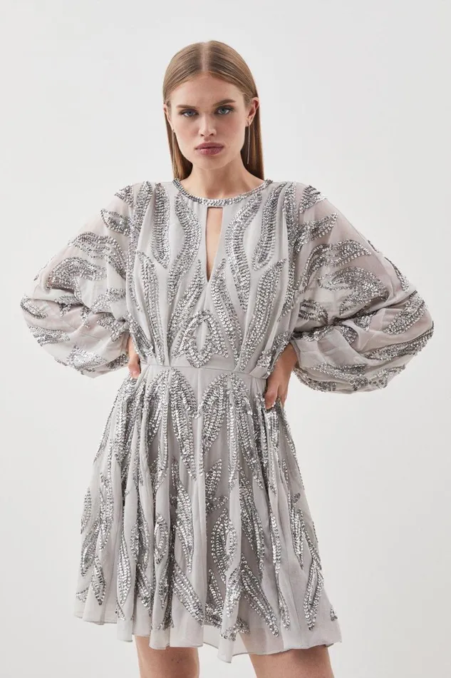 Dresses Women Karen Millen Kimono Sleeve Embellished Mini Dress Silver