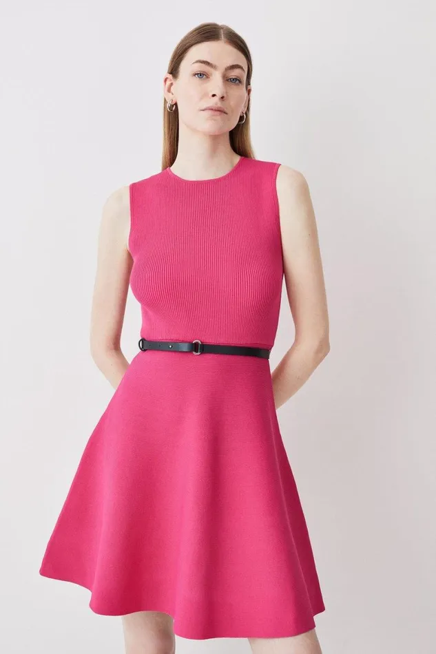 Dresses Women Karen Millen Knitted Rib Skater Mini Dress Pink