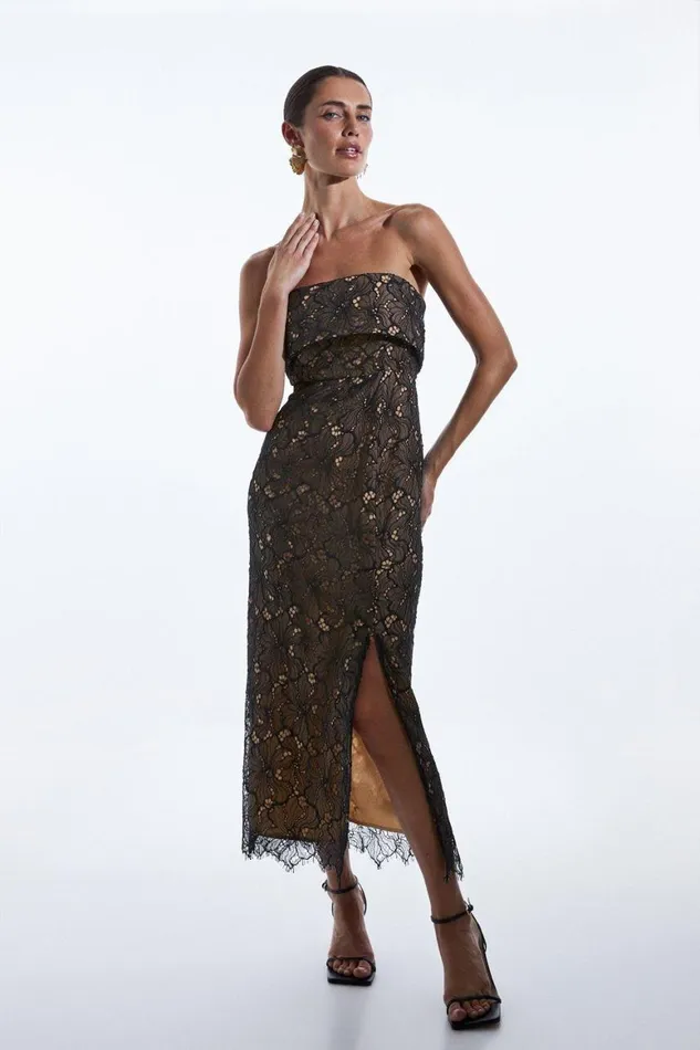 Dresses Women Karen Millen Lace Bandeau Woven Midi Dress Black