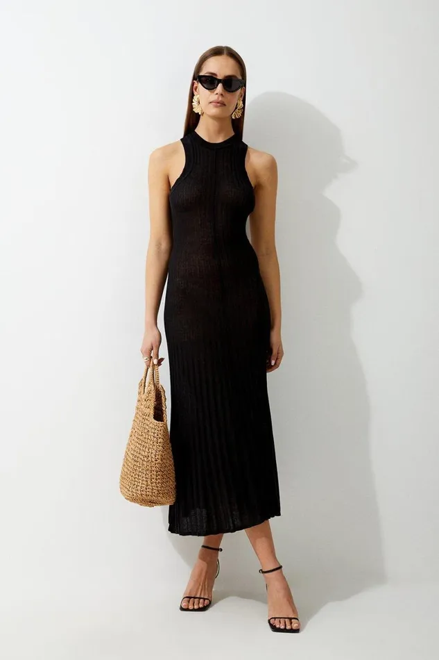 Dresses Women Karen Millen Linen Blend Racer Neck Full Skirt Knit Dress Black Dresses Women Karen Millen Linen Blend Racer Neck Full Skirt Knit Dress Black
