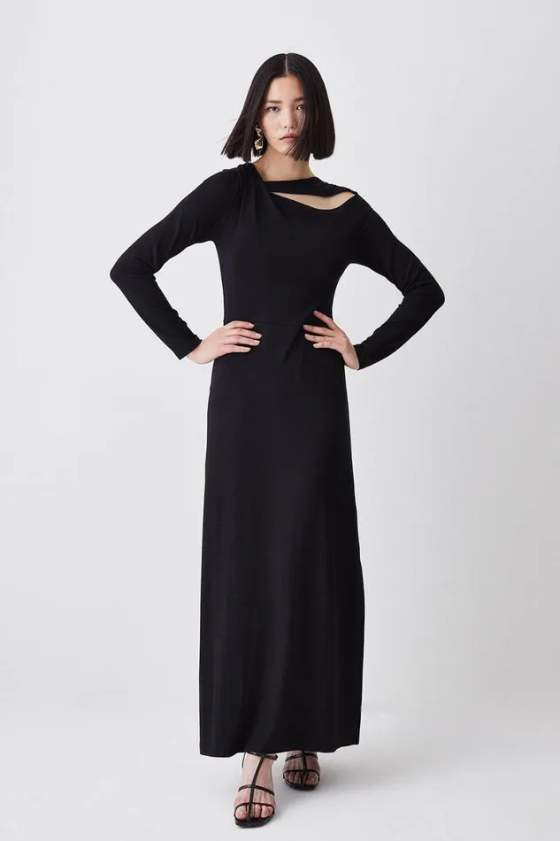 Dresses Women Karen Millen Long Sleeve Side Split Viscose Blend Jersey Midaxi Dress Black Dresses Women Karen Millen Long Sleeve Side Split Viscose Blend Jersey Midaxi Dress Black