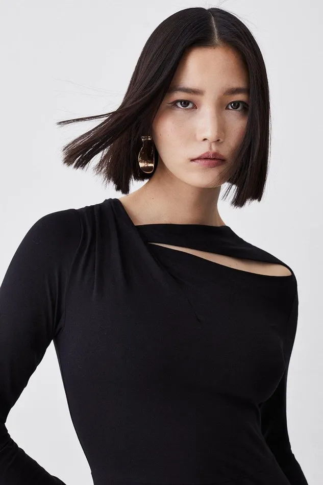 Dresses Women Karen Millen Long Sleeve Side Split Viscose Blend Jersey Midaxi Dress Black