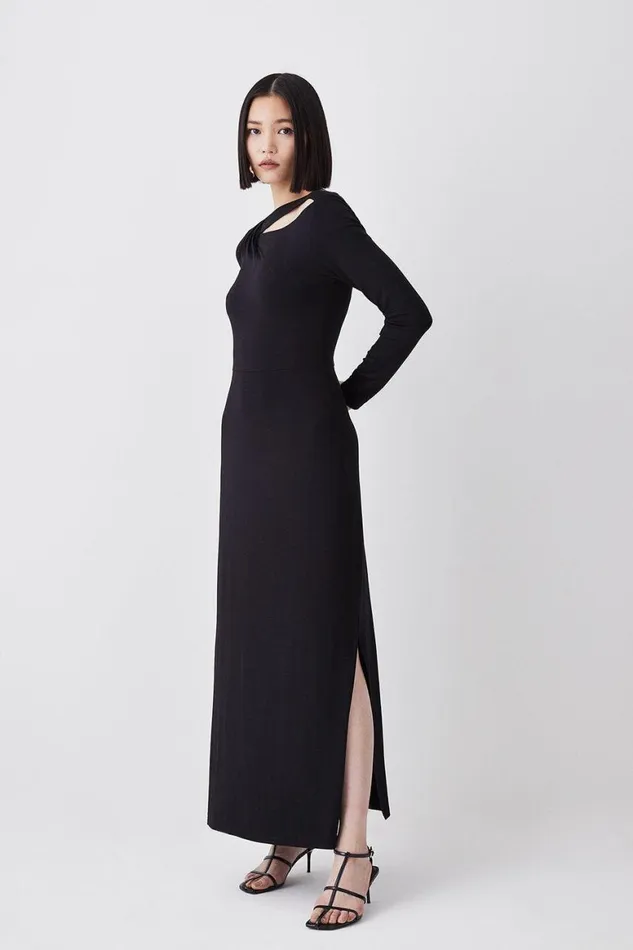 Dresses Women Karen Millen Long Sleeve Side Split Viscose Blend Jersey Midaxi Dress Black