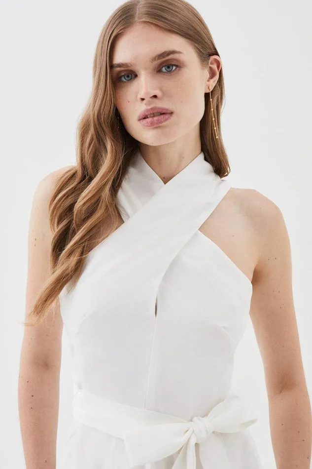 Dresses Women Karen Millen Lydia Millen Tall Linen Notch Belted Full Skirt Midi Dress Ivory