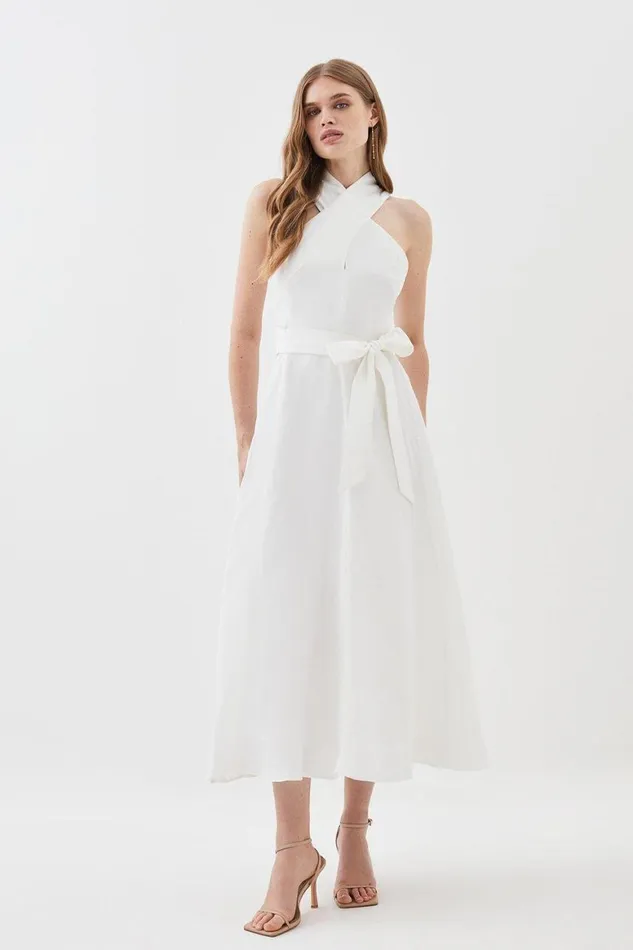 Dresses Women Karen Millen Lydia Millen Tall Linen Notch Belted Full Skirt Midi Dress Ivory