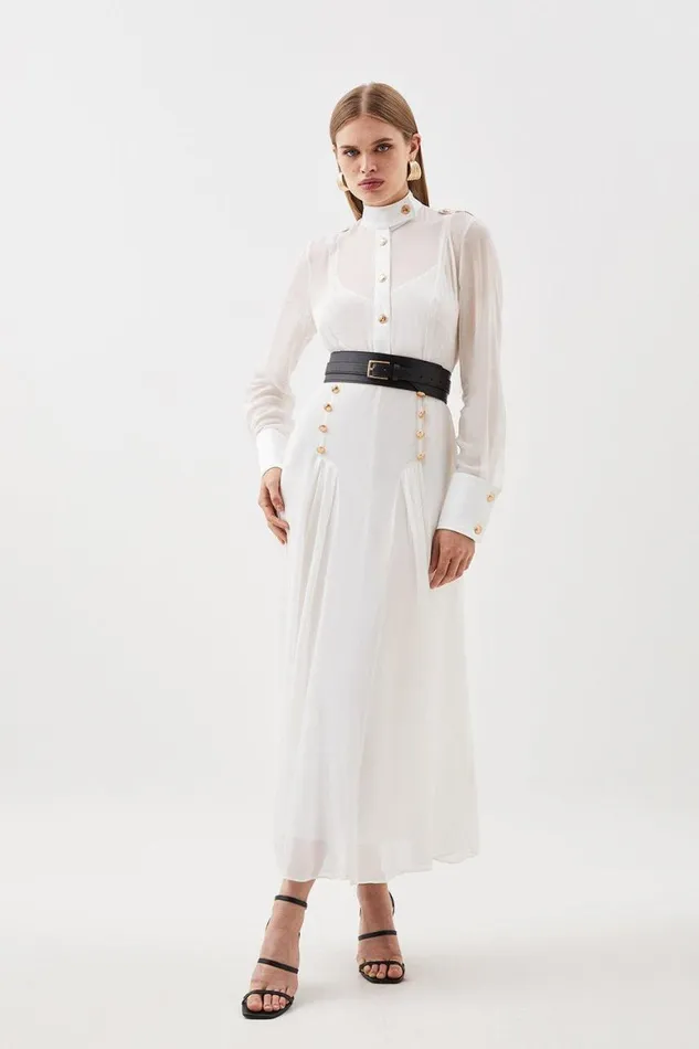 Dresses Women Karen Millen Military Belted Sheer Woven Midaxi Dress Ivory