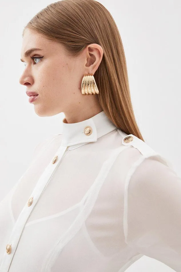 Dresses Women Karen Millen Military Belted Sheer Woven Midaxi Dress Ivory