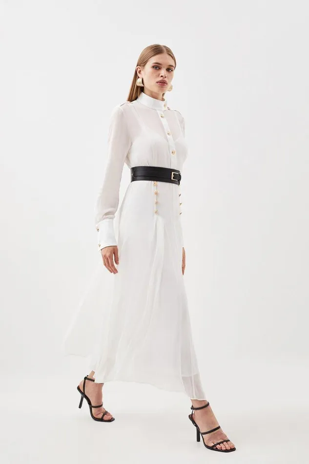 Dresses Women Karen Millen Military Belted Sheer Woven Midaxi Dress Ivory