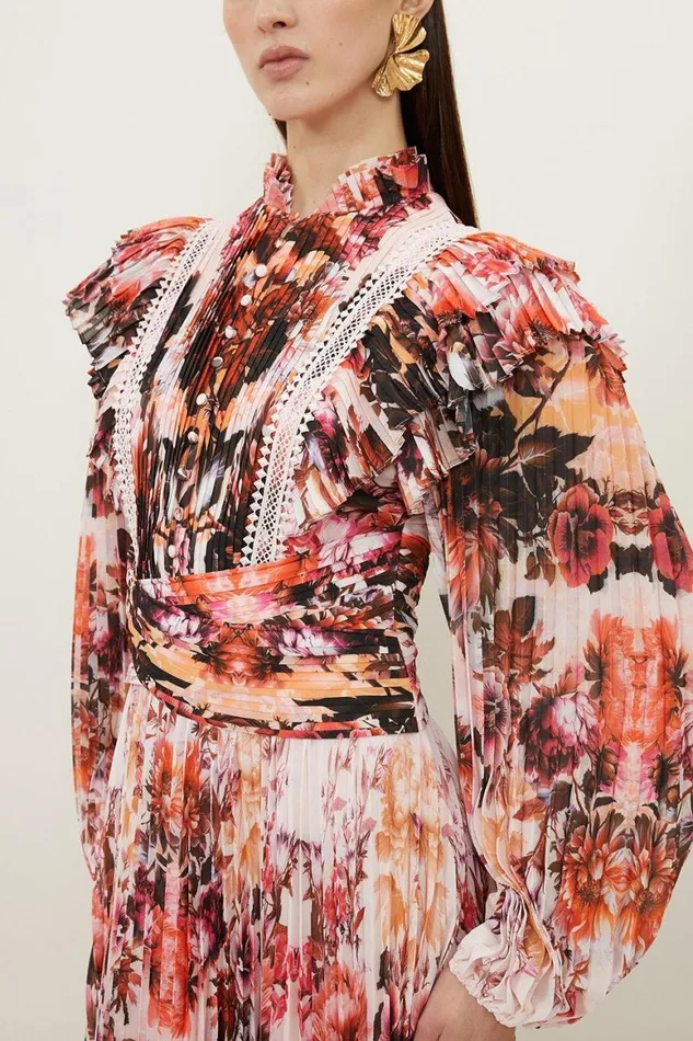 Dresses Women Karen Millen Mirrored Floral Print Pleated Woven Maxi Dress Floral