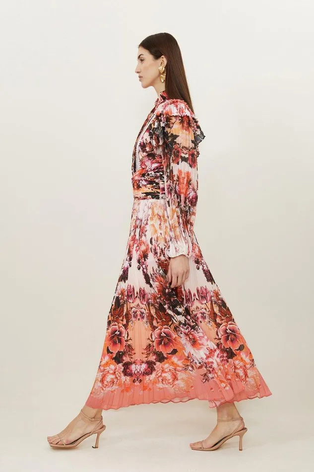 Dresses Women Karen Millen Mirrored Floral Print Pleated Woven Maxi Dress Floral