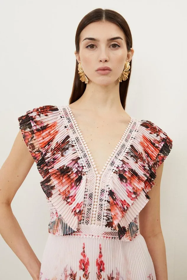 Dresses Women Karen Millen Mirrored Floral Print Pleated Woven Sleeveless Maxi Dress Floral