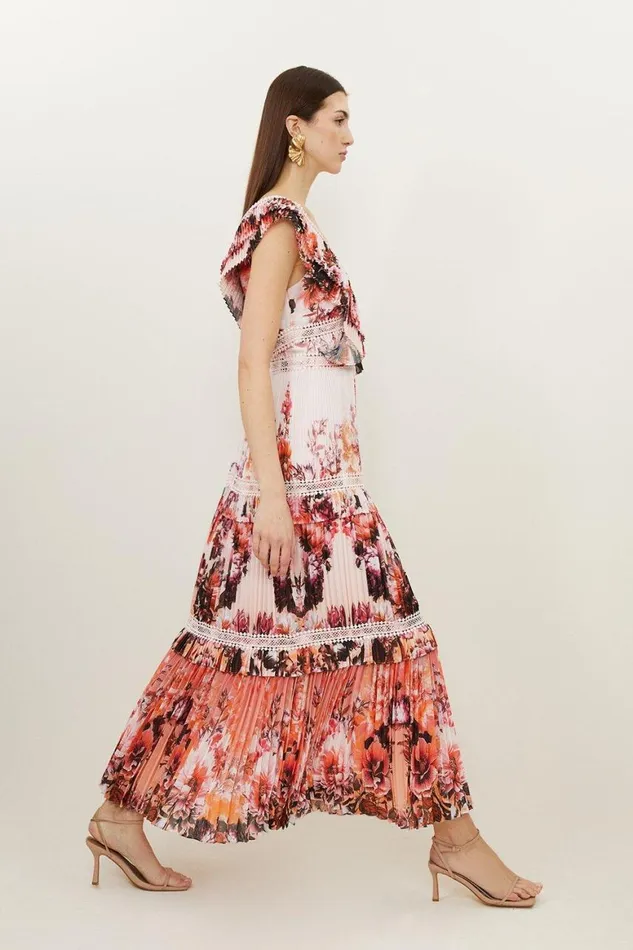 Dresses Women Karen Millen Mirrored Floral Print Pleated Woven Sleeveless Maxi Dress Floral