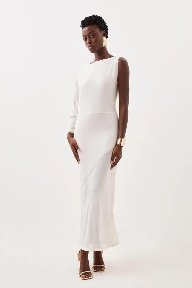 Dresses Women Karen Millen One Sleeve Slinky Sheer Knit Midaxi Dress Cream