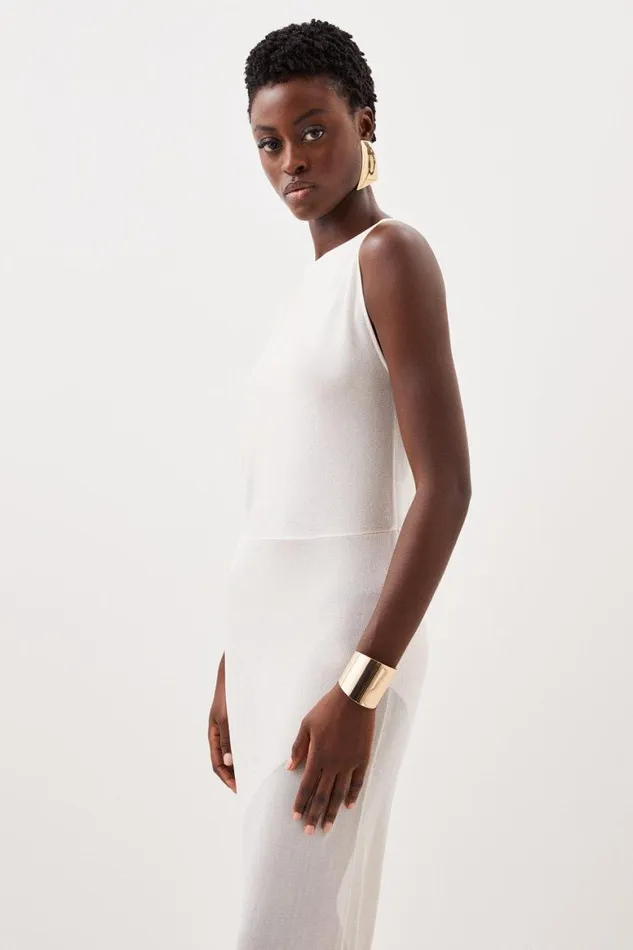Dresses Women Karen Millen One Sleeve Slinky Sheer Knit Midaxi Dress Cream