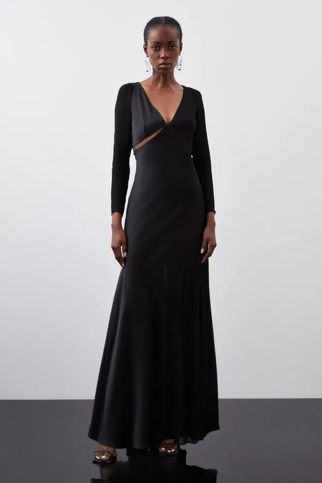 Dresses Women Karen Millen Ooto Sheer Panelled Long Sleeve Woven Maxi Dress Black