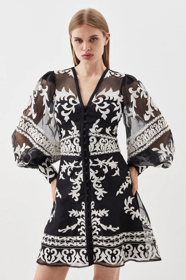 Dresses Women Karen Millen Petite Baroque Applique Woven Mini Dress Black