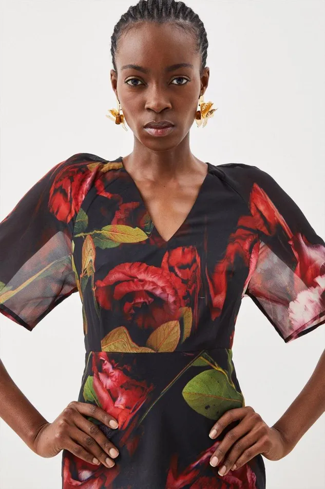 Dresses Women Karen Millen Petite Batwing Georgette Woven Maxi Dress Floral