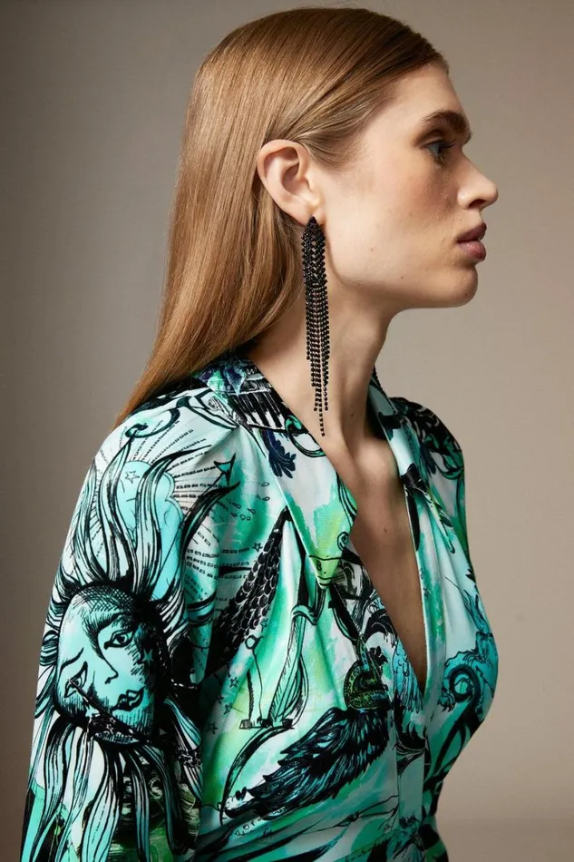 Dresses Women Karen Millen Petite British Museum Star Mapped Batwing Dress Green