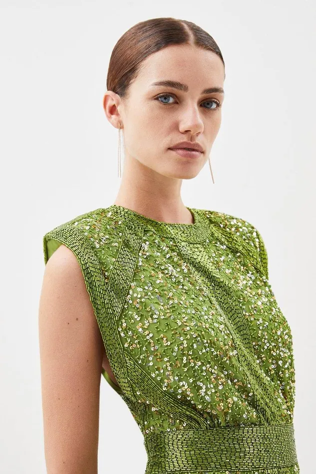 Dresses Women Karen Millen Petite Crystal Embellished Strong Shoulder Woven Mini Dress Green