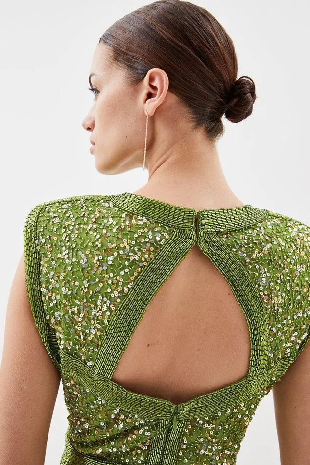Dresses Women Karen Millen Petite Crystal Embellished Strong Shoulder Woven Mini Dress Green