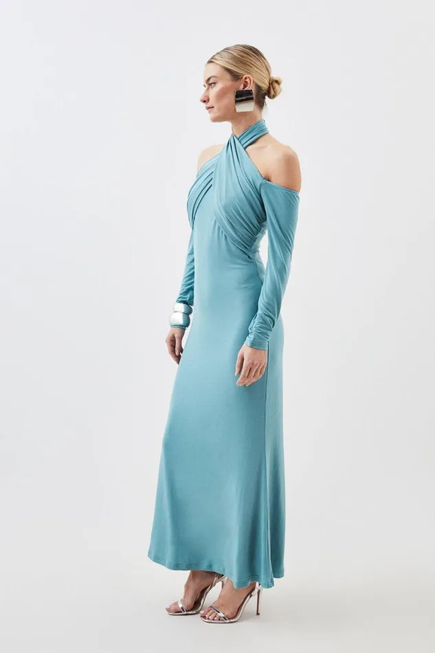 Dresses Women Karen Millen Petite Drapey Crepe Twist Midaxi Dress Blue