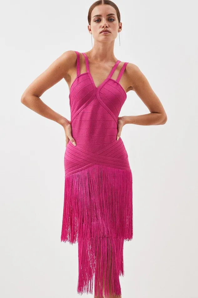 Dresses Women Karen Millen Petite Figure Form Bandage Fringe Knit Midi Dress Fuchsia
