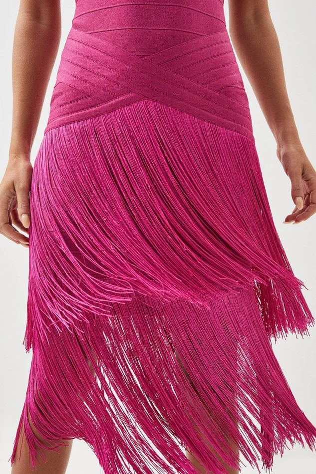 Dresses Women Karen Millen Petite Figure Form Bandage Fringe Knit Midi Dress Fuchsia