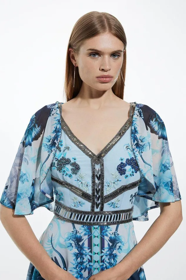 Dresses Women Karen Millen Petite Mirrored Floral Bead And Embroidered Woven Angel Maxi Blue