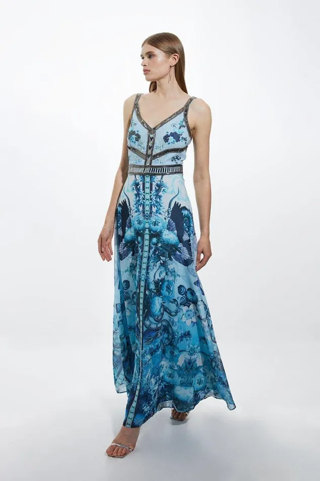 Dresses Women Karen Millen Petite Mirrored Floral Bead And Embroidered Woven Angel Maxi Blue