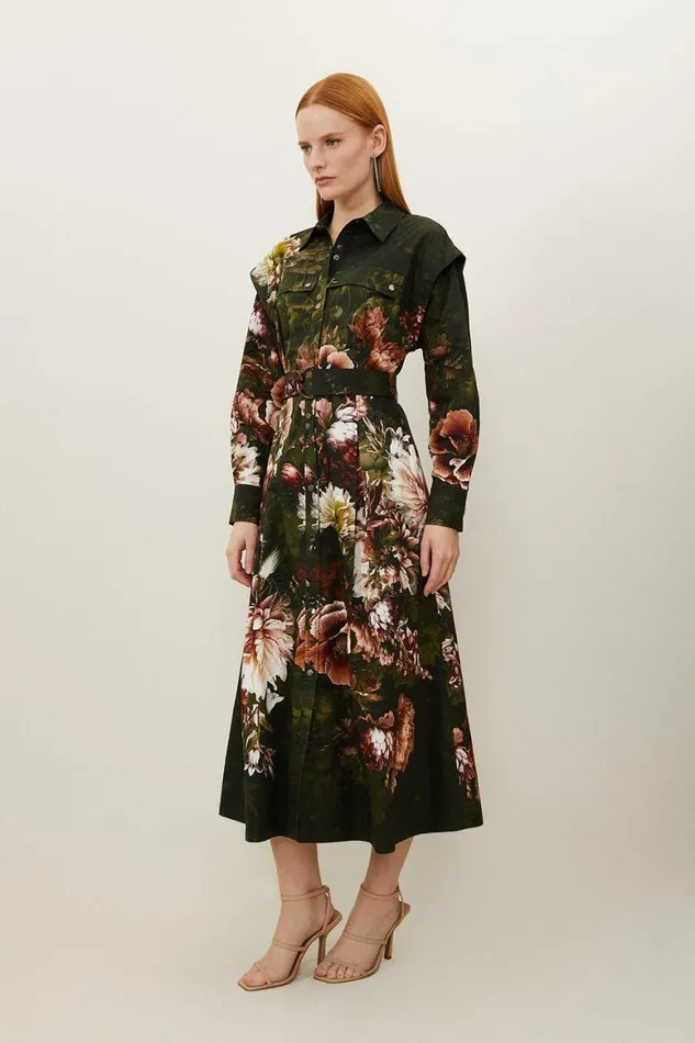 Dresses Women Karen Millen Petite Placed Floral Cotton Sateen Shirt Dress Floral