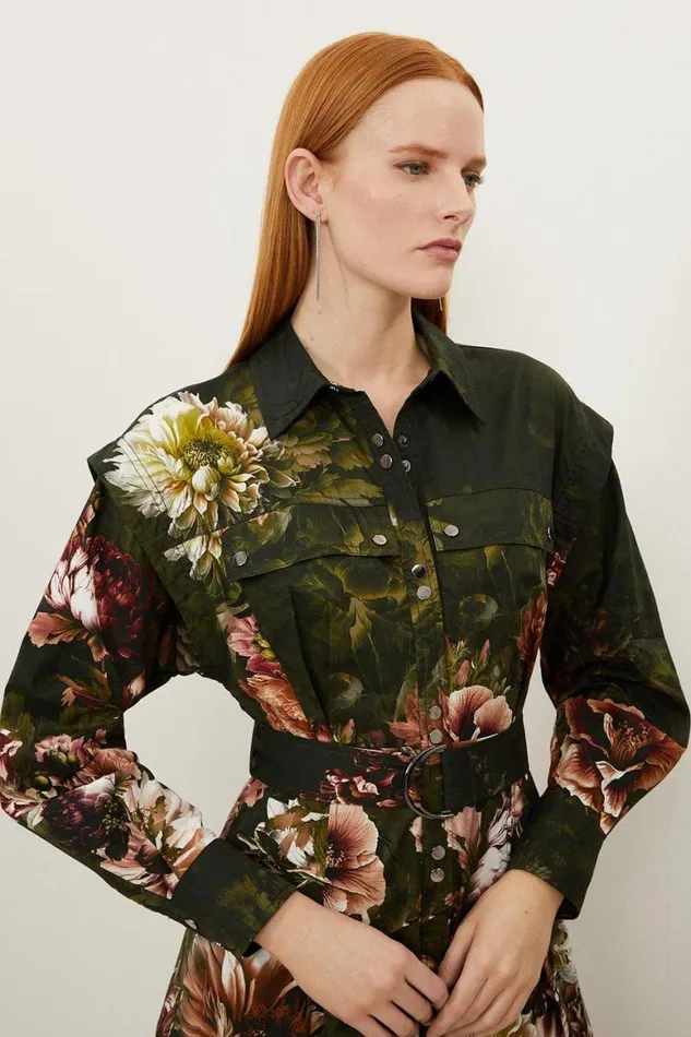Dresses Women Karen Millen Petite Placed Floral Cotton Sateen Shirt Dress Floral