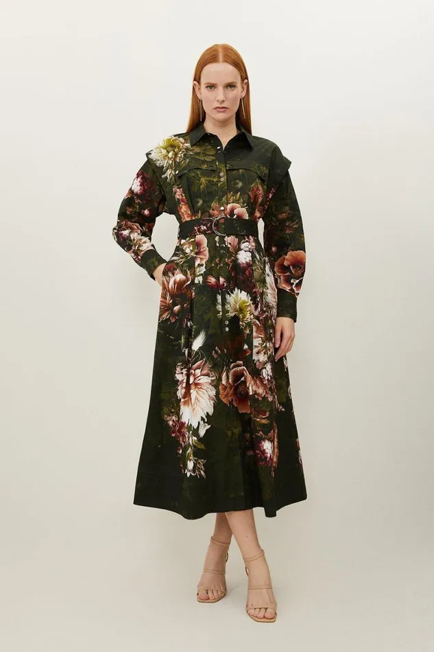 Dresses Women Karen Millen Petite Placed Floral Cotton Sateen Shirt Dress Floral