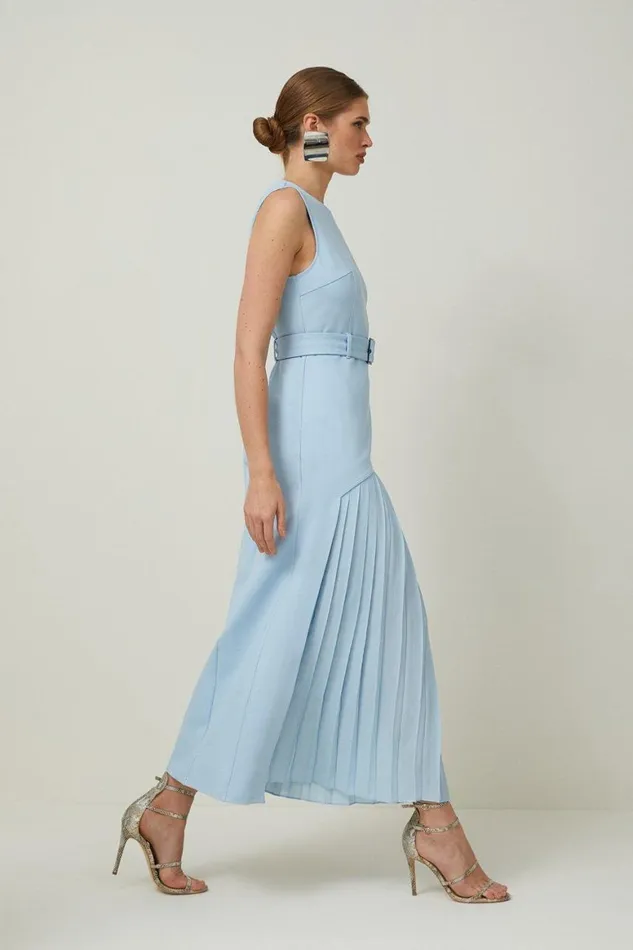 Dresses Women Karen Millen Petite Ponte And Georgette Jersey Pleated Maxi Dress Pale Blue