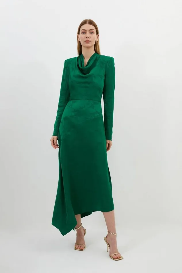 Dresses Women Karen Millen Petite Premium Jacquard Cowl Long Sleeve Woven Midi Dress Green