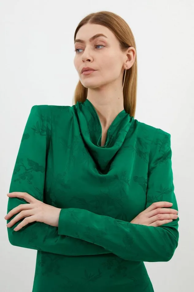 Dresses Women Karen Millen Petite Premium Jacquard Cowl Long Sleeve Woven Midi Dress Green
