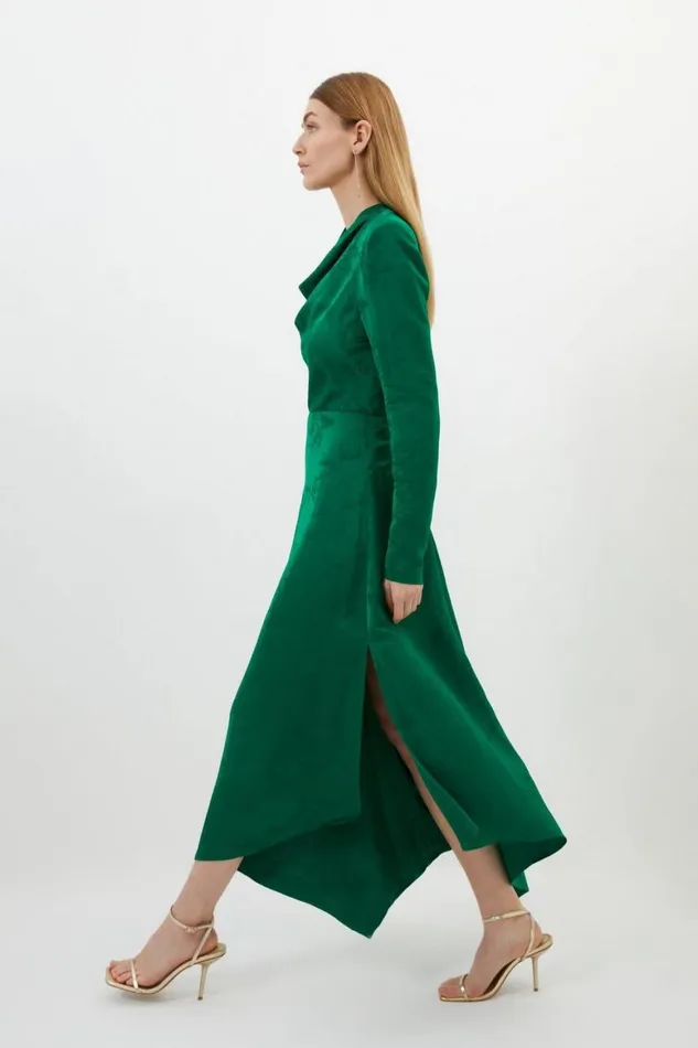 Dresses Women Karen Millen Petite Premium Jacquard Cowl Long Sleeve Woven Midi Dress Green